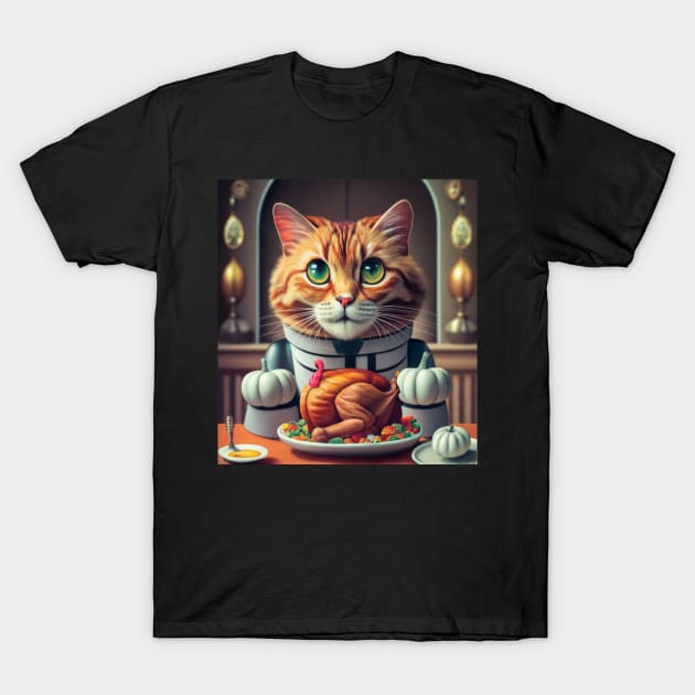 Thanksgiving robotic cat turkey dinner T-Shirt by Catbrat